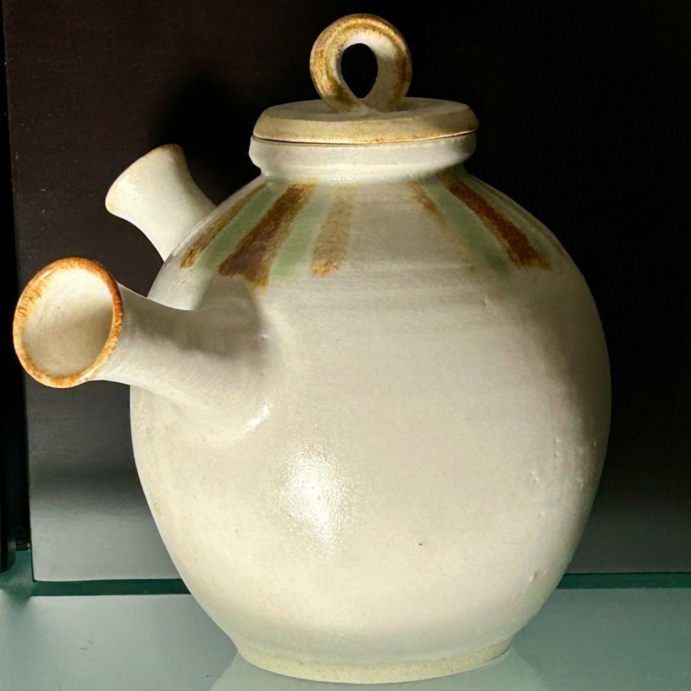 Mari Artist Signed Studio Tea Elegant Cream Tan Blue Ceramic Green Tea Teapot